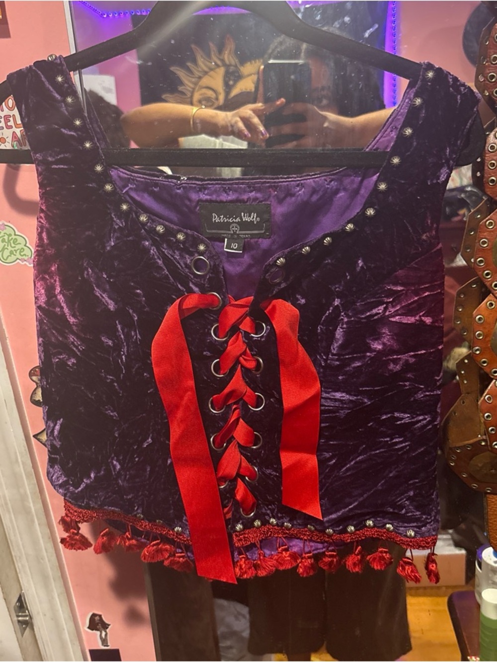 Patricia Wolf Purple Velvet Corset Top with Red Ribbon Detail